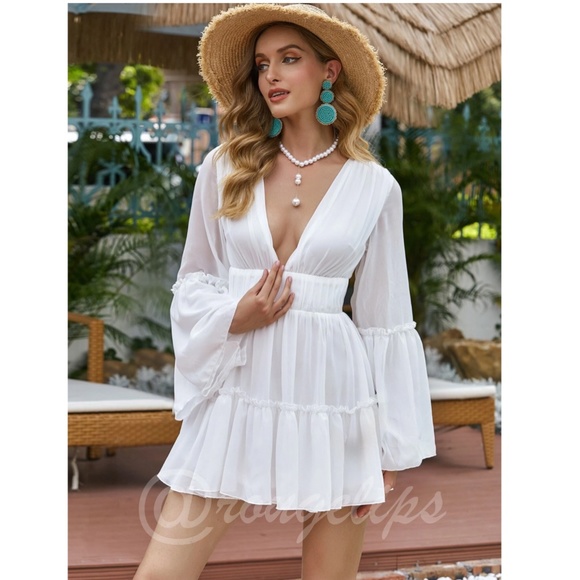 White Boho Mini Dress Flounce Sleeves Deep V Neck - Picture 2 of 6